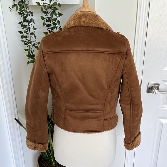 Zara soft Faux Suede Moto Jacket Camel Silver Hardware Fur Collar Size XS - Picture 3 of 12